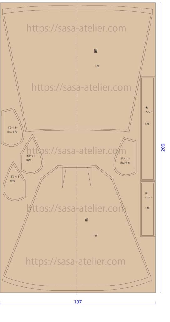 ウエストゴムのスッキリスカート裁ち合わせ図